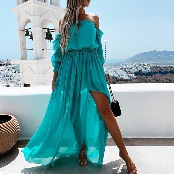 Cupshe Sexy Bohemian Off shoulder Beach Style ruffles split Turquoise Dress Sz L - Picture 1 of 11